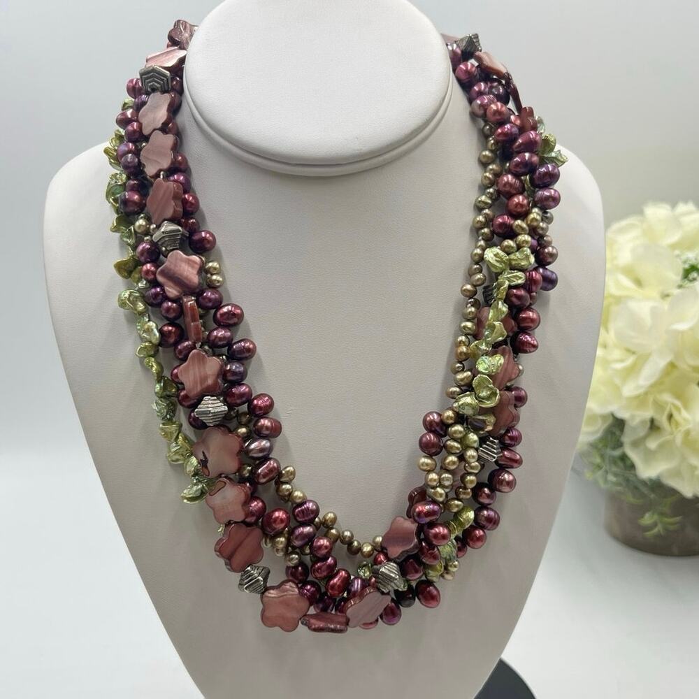 5-Strand MultiColor Purple‎ Green Pink Freshwater Pearl Flower Bead Necklace